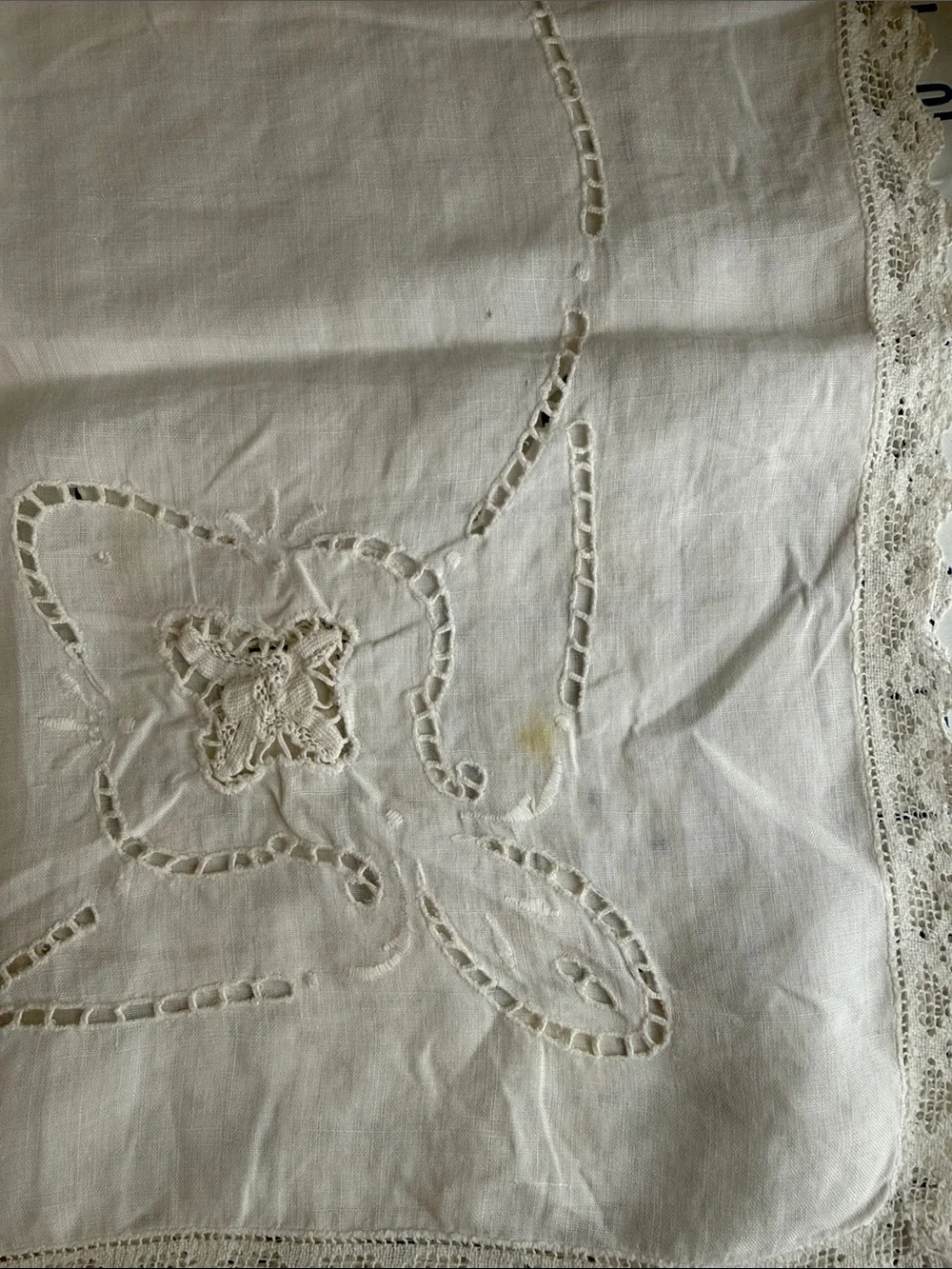 Antique White Linen Lace Table Topper 33 x 31 Drawn Thread Cutwork Embroidery